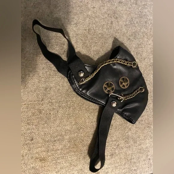 Handmade Steampunk Faux Leather Mask w/ Brass Chains & Gears